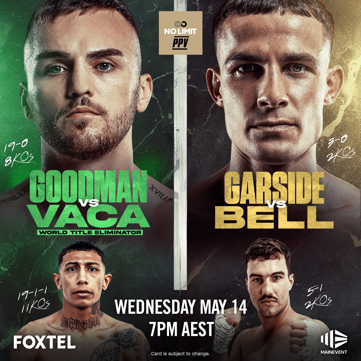 BOXING – GOODMAN V VACA | GARSIDE V BELL